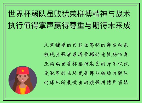 世界杯弱队虽败犹荣拼搏精神与战术执行值得掌声赢得尊重与期待未来成长